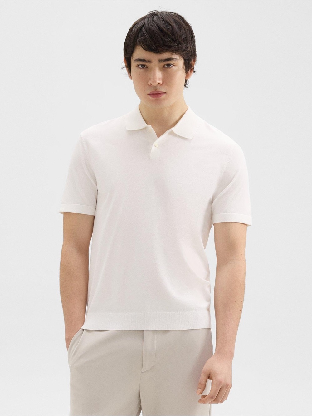 Theory Men’s Goris Polo Shirt in Light Bilen Knitwear Size L White Athleisure